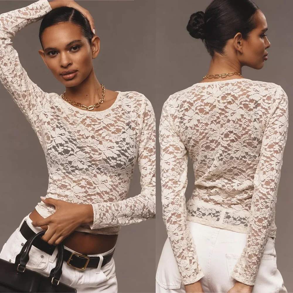 By Anthropologie Long Sleeve Lace Crew Neck Top, SMALL Almond Floral Sheer boho
